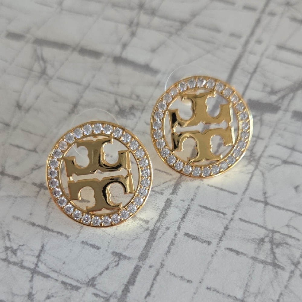 Tory Burch Gold and Silver Logo Stud Earrings